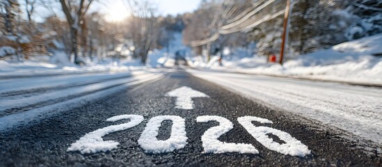 Road with arrow and 2026 in a snowy landscape. Welcome New Year