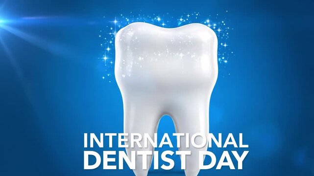 International dentist day illustration with a shiny tooth on blue background