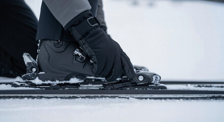 A close-up of a skier adjusting bindings in the snow, a detailed photo for gear reviews and technical winter sports articles.