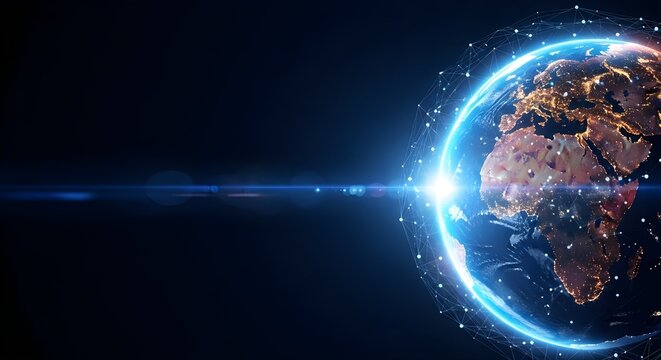 Glowing earth orbiting with blue energy ring and light beam