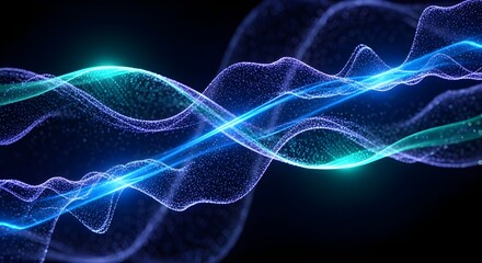 Abstract blue and teal energy waves flowing through darkness