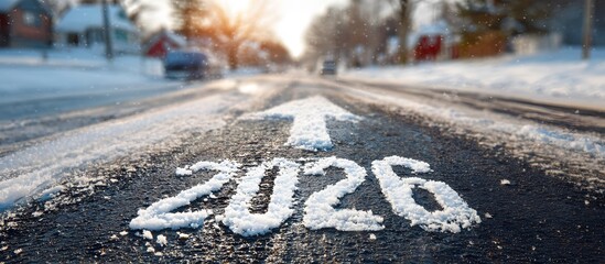Road with arrow and 2026 in a snowy landscape. Welcome New Year