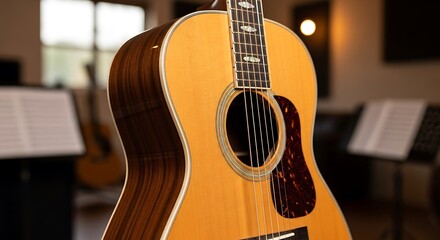 Fototapeta premium Close-up of a beautiful acoustic guitar with rich wood grain