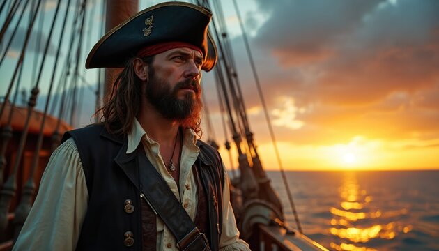 Pirate captain stands on ship deck at sunset looking at ocean. Bearded man wears tricorne hat and vest. Nautical voyage adventure on sea, golden hour. - Powered by Adobe