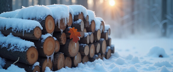 A beautiful Woodpile with snowcap in a forest at sunrise, a serene photo for blogs about nature and winter mornings.