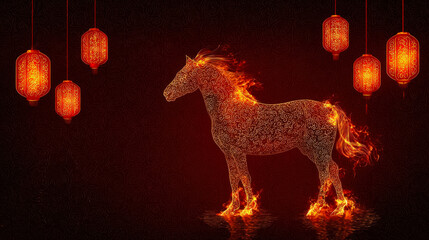 A fiery horse silhouette stands against a dark background, surrounded by glowing red lanterns. The scene symbolizes celebration and the Chinese New Year.