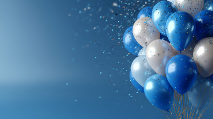 Blue and white balloons clustered on the right side with confetti falling against a gradient blue background, creating a festive and celebratory atmosphere