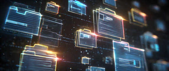 Ai Futuristic holographic interface of a file manager, folder structure with documents and data scanning, digital document storage software, cloud database, search and manage documents, paperless