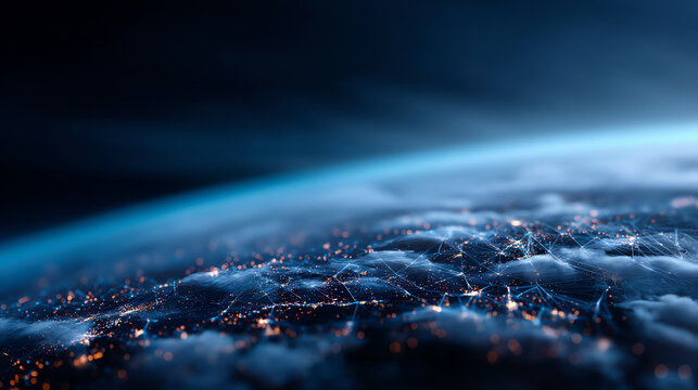 A digital representation of Earth from space showing illuminated city networks connected by glowing lines, symbolizing global communication and data exchange