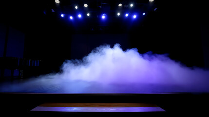A dark stage illuminated by blue spotlights with thick fog covering the floor, creating a mysterious and atmospheric theatrical effect