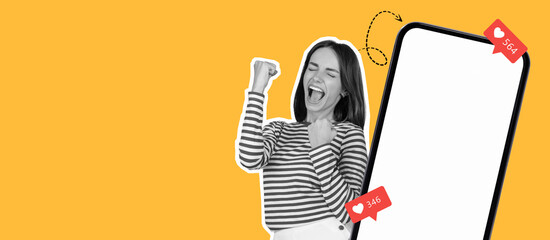 A joyful woman is celebrating her social media achievements, showing enthusiasm with raised fists. The background is bright yellow, highlighting the smartphone with likes notifications.