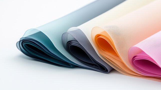 A close-up shot showcases layers of translucent fabric rolled together, displaying a gradient of soft pastel colors including blue, gray, peach, and pink. - Powered by Adobe