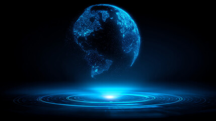 Digital globe composed of glowing blue particles hovers above concentric circular light patterns on a dark background, symbolizing technology and global connectivity