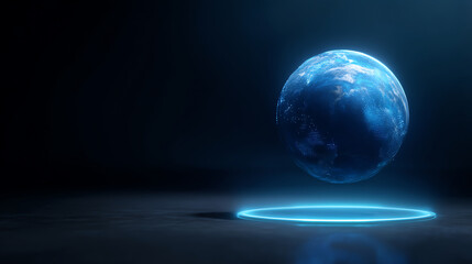 A glowing digital Earth hologram floats above a luminous circular platform in a dark, futuristic setting, symbolizing technology and global connectivity