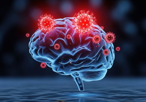 3d rendering of a human brain with coronavirus particles isolated on white background - Powered by Adobe
