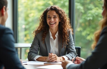 Business woman smiles in interview setting. She sits at table with papers, talking with colleagues. Professional meeting atmosphere with green trees outside window. Confident, happy mood.