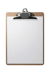 Clipboard with blank paper and metal clip isolated on a transparent background