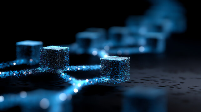 Glowing blue cubes interconnected by illuminated lines on a dark surface, representing digital data flow or blockchain network in a futuristic, high-tech style