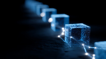 Glowing blue digital cubes connected by bright light trails form a futuristic, abstract chain on a dark background, symbolizing technology, data, and blockchain concepts