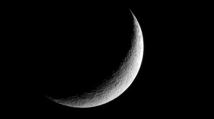 A detailed close-up of a crescent moon showing textured craters and surface features against a pitch-black night sky