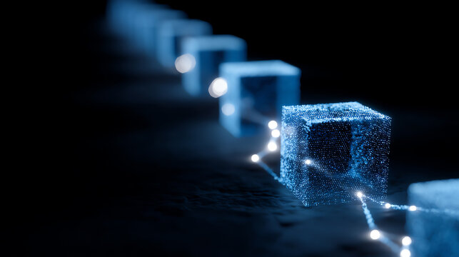 Glowing blue digital cubes connected by bright light trails form a futuristic, abstract chain on a dark background, symbolizing technology, data, and blockchain concepts
