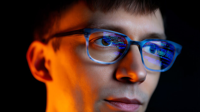 Young man wearing blue glasses reflecting computer code, focused on programming or cybersecurity, illuminated by warm orange light against a dark background