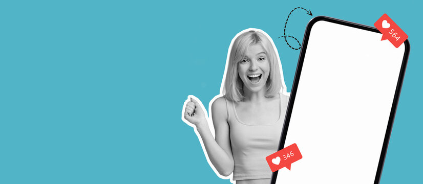 A young woman expresses joy and excitement while looking at her smartphone, which displays social media notifications. The colorful collage background enhances the cheerful mood.