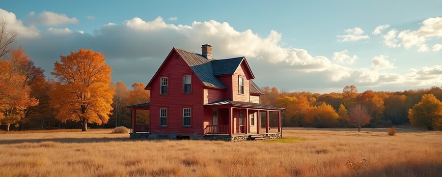 Red wooden saltbox house sits in a dry grass field surrounded by colorful autumn trees. The historic building has a porch and chimney. Blue sky with white clouds overhead.