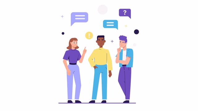 Three cartoon people standing surrounded by speech bubbles with icons on a white background
