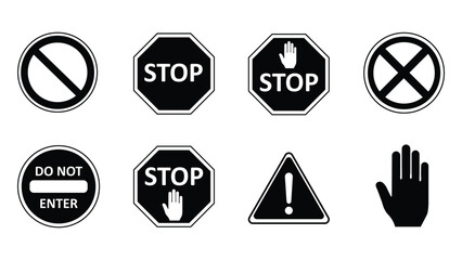 Warning and prohibition sign icons set for safety and stop alerts