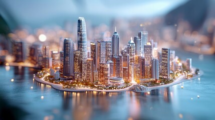 A detailed miniature model of a modern city skyline with illuminated skyscrapers and waterfront, reflecting on the water at twilight.