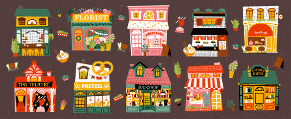 Shop. Vector illustration of cute storefronts: coffee shop, bakery, florist, ramen bar,  bookshop, theater and boutique. Whimsical small-town street design in cozy cartoon style for icons and print.