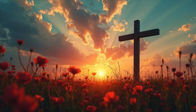 Wooden cross stands in poppy field against dramatic sunset sky. Rays of light shine through clouds. Symbolizes faith hope and redemption with spiritual atmosphere of peace.