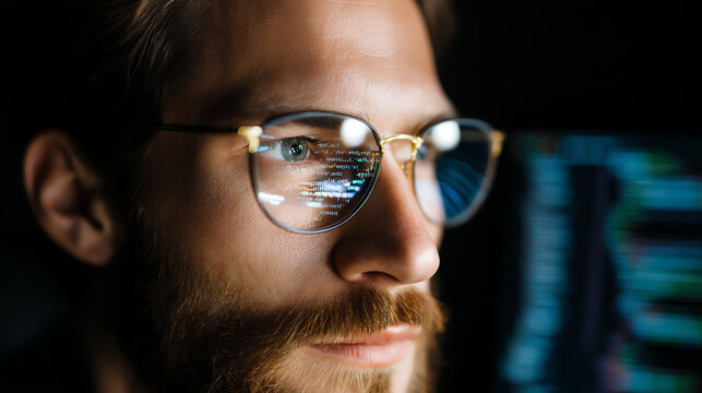 Man with glasses focused on coding, reflected computer screen displaying programming code, close-up portrait in a dark environment emphasizing technology and concentration