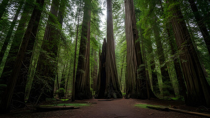 Towering redwood trees in a lush green forestTowering redwood trees in a lush green forest