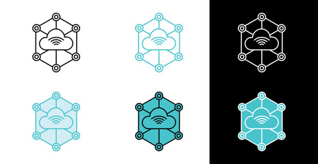 Cloud hub connection icon for internet services and online networking in line and fill style
