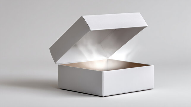 Open box releasing invisible air, white cardboard container, mysterious glowing light, minimal background, curiosity concept