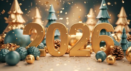 Golden 2026 numbers in a festive winter forest with ornaments