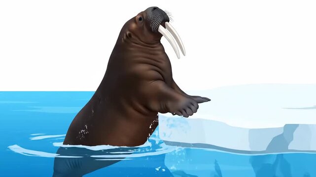 Animated Walrus Climbs Out of Arctic Water onto Iceberg.