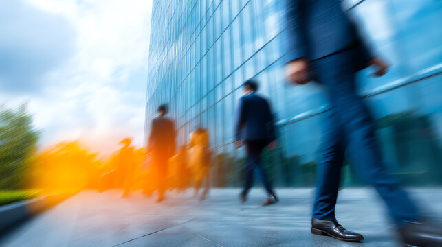 Blurred motion of business people walking near a modern glass office building with a warm sunlight glow on a clear day