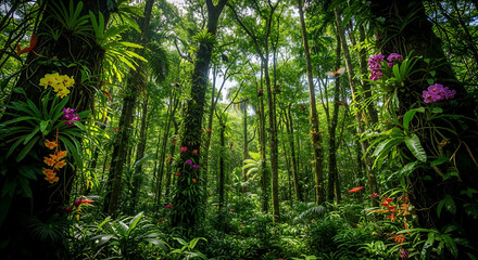 Lush tropical forest scene with vibrant orchids and dense foliage in a sun dappled environment ai generated