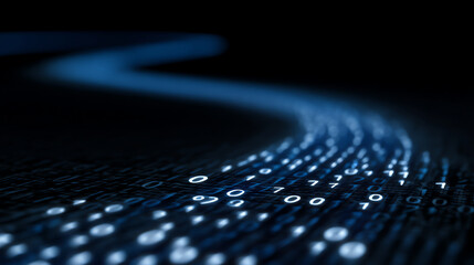 Glowing binary code streams in a curved path on a dark background, symbolizing digital data flow and modern technology in a futuristic, abstract style