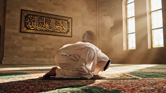 Muslim man in traditional clothing praying inside a mosque during daytime