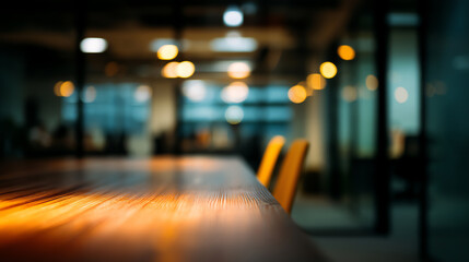 Blurred image of a modern office interior with a polished wooden table in the foreground and warm ambient lighting creating a cozy atmosphere