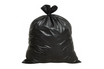 Black plastic garbage bag tied at top, full of refuse, waste disposal, cleaning, and pollution concept, transparent background
