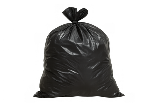 Black plastic garbage bag tied at top, full of refuse, waste disposal, cleaning, and pollution concept, transparent background