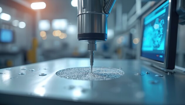 Industrial equipment inspects metal surface in modern manufacturing setup. Tech ensures accuracy, efficient processes. Automated machinery operates in production. Precision measuring takes place in