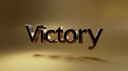 Shimmering golden 3D text "Victory" animates dynamically against a soft gradient background, symbolizing achievement and success