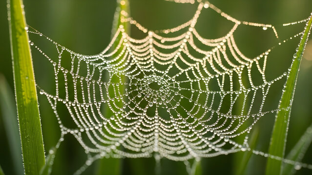 Dew drops on a spider web in the morning light
