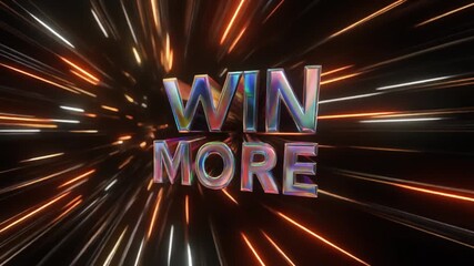 Dynamic 3D chrome text "WIN MORE" explodes with vibrant light streaks creating a sense of speed and success for promotional content